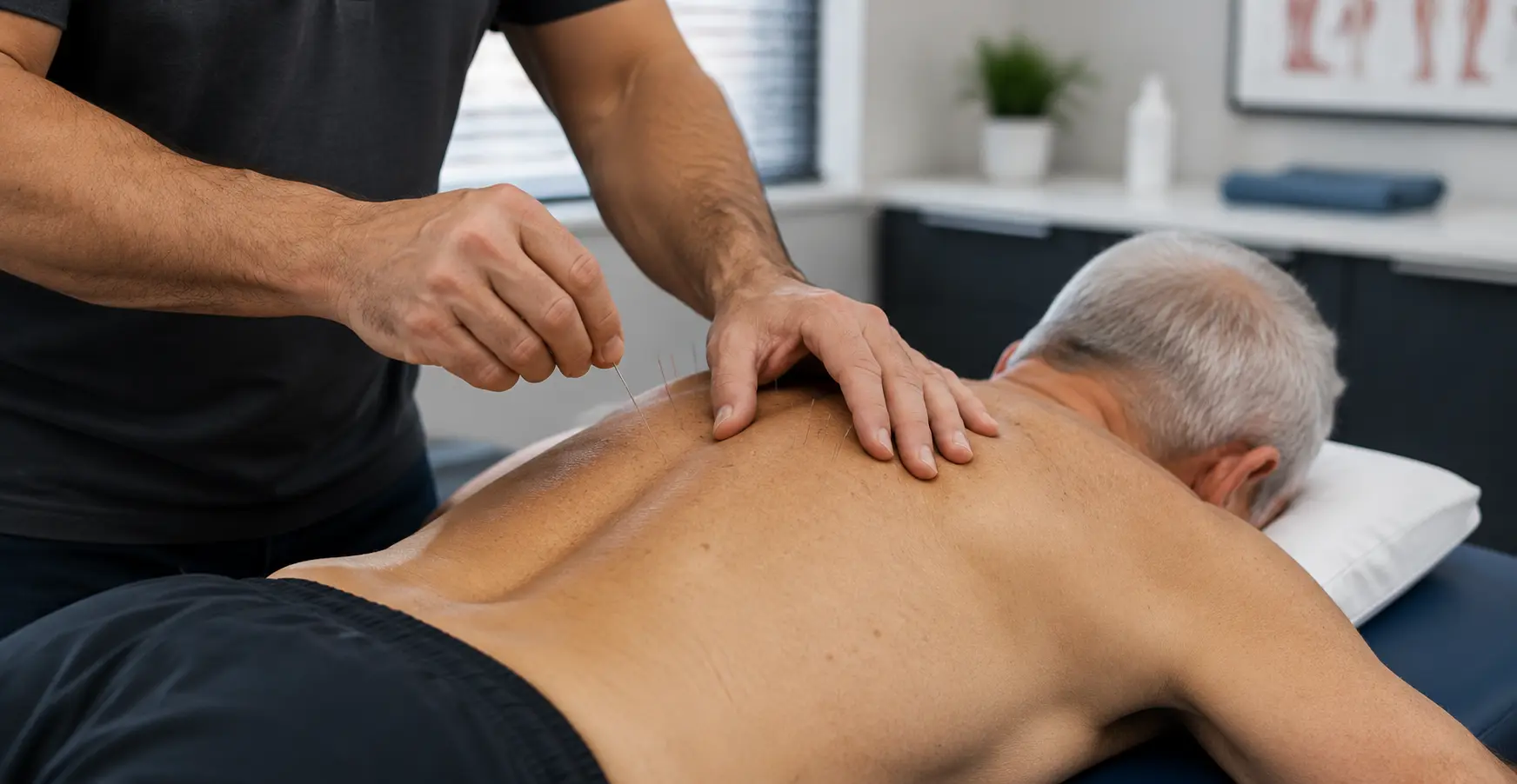 Physical therapist using dry needling to treat back pain.