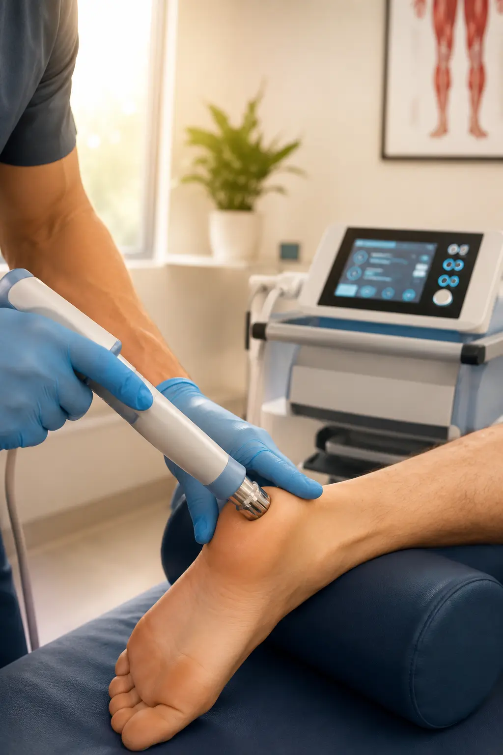 Therapist using shockwave therapy device during rehabilitation.