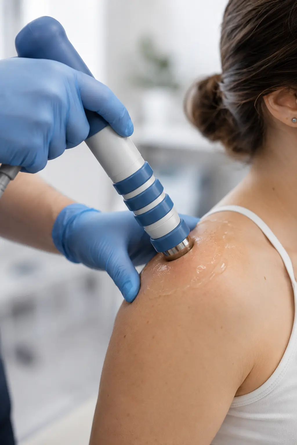Physical therapist performing radial shockwave therapy on a shoulder.