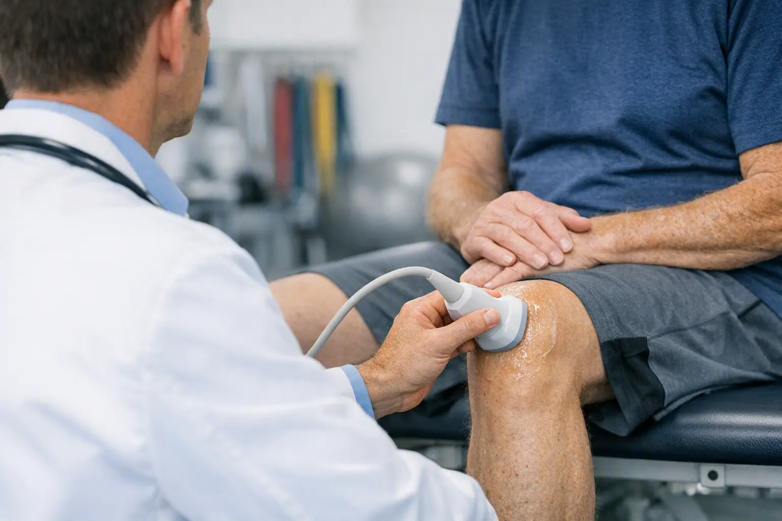 Physical therapist using ultrasound to evaluate knee pain.